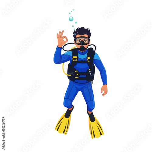 Young Male Scuba Diver Vector Illustration Showing OK Sign, Summer Travel and Recreation Concept on White Background