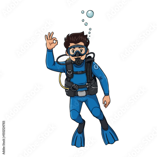 Young Male Scuba Diver Vector Illustration Showing OK Sign, Summer Travel and Recreation Concept on White Background