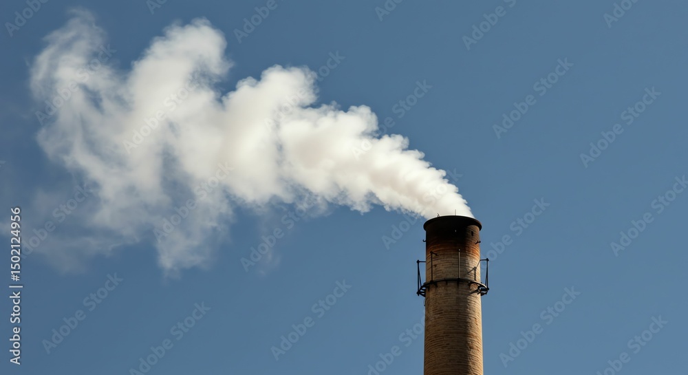 Smokestack with White Smoke in Clear Blue Sky Smokestack with White Smoke in Clear Blue Sky