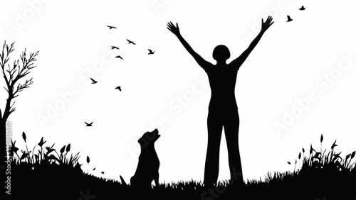 Silhouette of woman with arms raised and dog looking up at birds in a natural outdoor setting created with generated ai
