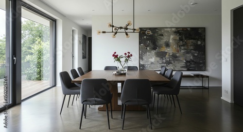 Dining Room with Wood Table and Black Chairs, Modern Art