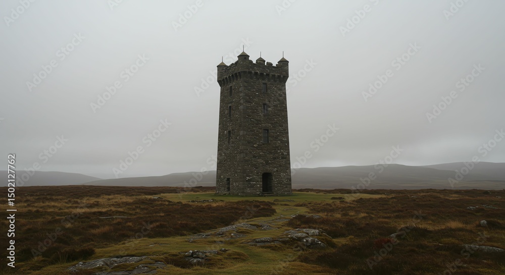 Obraz premium Stone Tower in Overcast Moorland Landscape