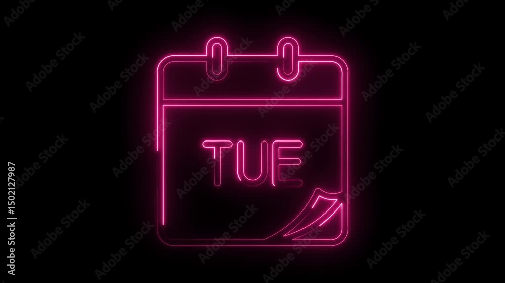 Tuesday calendar page neon sign glowing on black background for event or date reminder Tuesday calendar page neon sign glowing on black background for event or date reminder