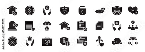 A collection of Insurance icons in solid style. Insurance and assurance icons for web and mobile app. Protection of health, life, property, car, home, travel insurance icons and more isolated on white