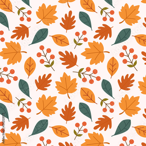 Seamless vector pattern with autumn leaves and berries in warm orange, green, and red tones. Perfect for seasonal wrapping paper, textile prints, wallpapers, and fall-themed designs.