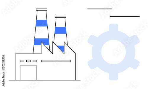 Factory with striped chimneys beside a large gear icon, representing manufacturing, productivity, and technology. Ideal for industry, engineering, production, innovation, technology automation