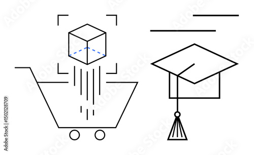 Shopping cart with 3D cube beside graduation cap. Ideal for e-learning, virtual marketplace, innovation, e-commerce, education technology, digital trade, modern knowledge sharing. Flat simple