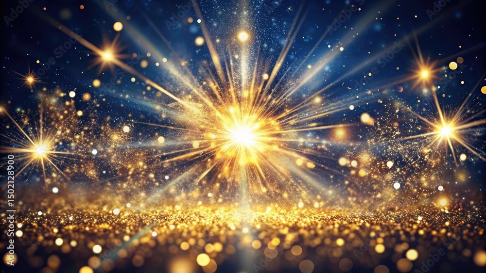 Fototapeta premium golden glitter explosion from center, deep navy background, scattered flecks of light, cinematic sparkle depth 