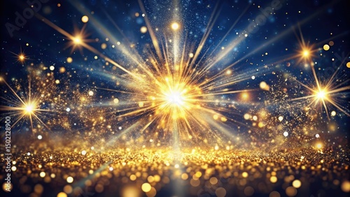 golden glitter explosion from center, deep navy background, scattered flecks of light, cinematic sparkle depth
