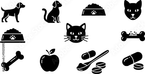 Pet care silhouette icons set – solid style animal, supply, and nutrition symbols for pet essentials: bowl, kibble, can, bones, leash, spoon, dish.