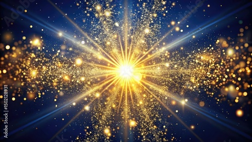 golden glitter explosion from center, deep navy background, scattered flecks of light, cinematic sparkle depth
