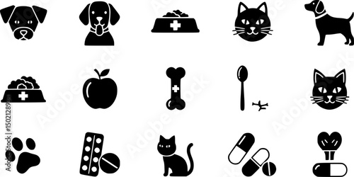 Pet care silhouette icons set – solid style animal, supply, and nutrition symbols for pet essentials: bowl, kibble, can, bones, leash, spoon, dish.