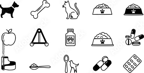 Pet care silhouette icons set – solid style animal, supply, and nutrition symbols for pet essentials: bowl, kibble, can, bones, leash, spoon, dish.