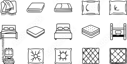 Home textiles icon set - solid style home decor, bedding, and comfort symbols: blanket, sheet, pillow, bed, mattress, cushion, quilted design
