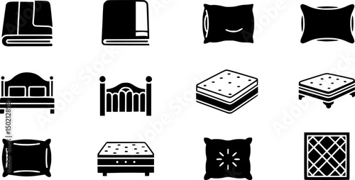 Home textiles icon set - solid style home decor, bedding, and comfort symbols: blanket, sheet, pillow, bed, mattress, cushion, quilted design
