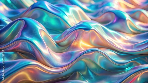 holographic wave texture, iridescent sheen in pastel tones, light diffraction effect, silky folds and reflections