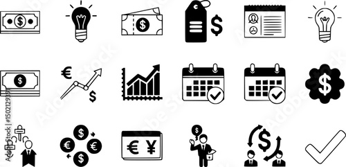 Business and finance solid icons set – filled style economic, investment, and commerce symbols for financial planning: light bulb, cash, tag, coupon, graph, calendar, currency exchange, check mark