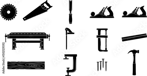 Carpentry tools solid icon set – silhouette woodworking, diy, and craftsmanship symbols for builders: saw blade, chisel, plane, workbench, clamp, wood board, nails, hammer.