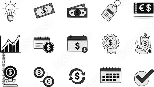 Business and finance solid icons set – filled style economic, investment, and commerce symbols for financial planning: light bulb, cash, tag, coupon, graph, calendar, currency exchange, check mark