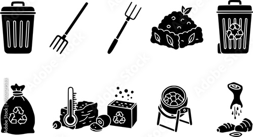 Composting and recycling icons set – solid style waste management, sustainable living, and eco-friendly symbols: bin, compost heap, pitchfork, waste bag, thermometer, compost tumbler, food scraps.