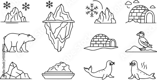 Arctic wildlife outline icons set – linear style cold climates, polar habitats, and snow creatures for nature design: polar bear, iceberg, snowflake, igloo, puffin, ice floe, seal, steam.