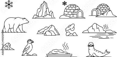 Arctic wildlife outline icons set – linear style cold climates, polar habitats, and snow creatures for nature design: polar bear, iceberg, snowflake, igloo, puffin, ice floe, seal, steam.