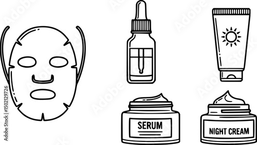 Skincare and beauty icon set – outline style for self-care routine and wellness branding: face mask, serum bottle, dropper, sunblock tube, night cream