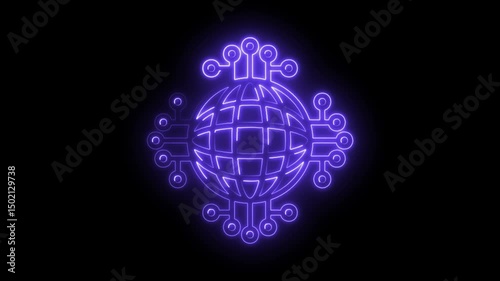 Glowing neon world globe connected with cyber network nodes on a dark background