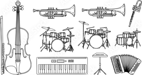 Musical instruments icon set – outline style music symbols for sound design, concert planning, and orchestra setup: violin, trumpet, flute, drums, keyboard, accordion