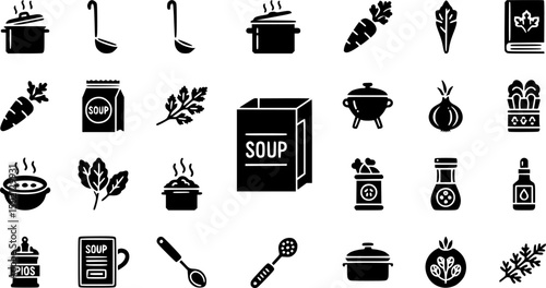 Culinary cooking solid icons set – filled style kitchen, recipes, and cooking essentials: pot, ladle, carrot, soup packet, onion, spoon, herbs, steam.