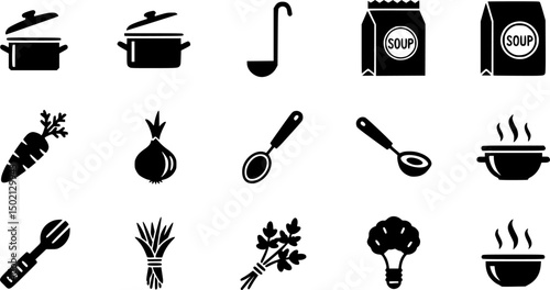 Culinary cooking solid icons set – filled style kitchen, recipes, and cooking essentials: pot, ladle, carrot, soup packet, onion, spoon, herbs, steam.
