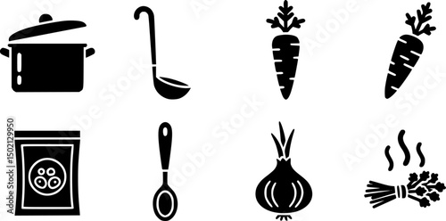 Culinary cooking solid icons set – filled style kitchen, recipes, and cooking essentials: pot, ladle, carrot, soup packet, onion, spoon, herbs, steam.