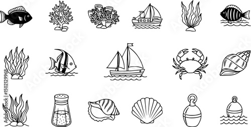 Marine and ocean life outline icon set – nautical, aquatic symbols for sea exploration: fish, coral, seaweed, boat, crab, shell, salt shaker, buoy.