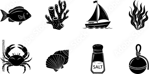 Marine and ocean life outline icon set – nautical, aquatic symbols for sea exploration: fish, coral, seaweed, boat, crab, shell, salt shaker, buoy.
