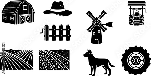 Rural and farming icon set – solid style agriculture, countryside, and farming symbols for land management: barn, hat, well, fence, windmill, field, dog, tractor wheel.