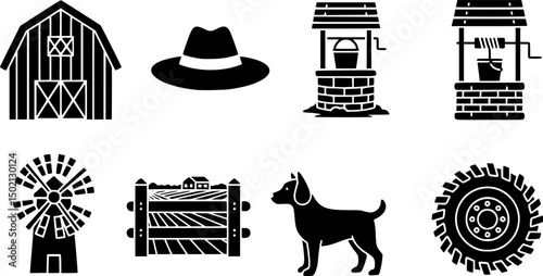 Rural and farming icon set – solid style agriculture, countryside, and farming symbols for land management: barn, hat, well, fence, windmill, field, dog, tractor wheel.