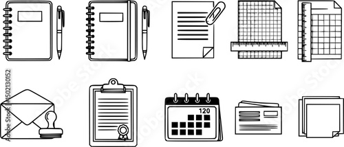 Office supplies icon set – outline style for business and organization tools: notebook, document, grid paper, clipboard, envelope, card, calendar, sticky note