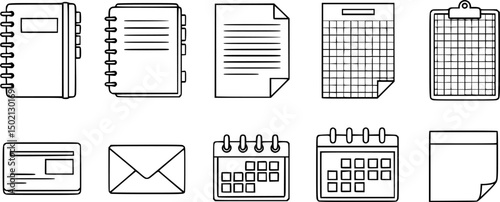 Office supplies icon set – outline style for business and organization tools: notebook, document, grid paper, clipboard, envelope, card, calendar, sticky note