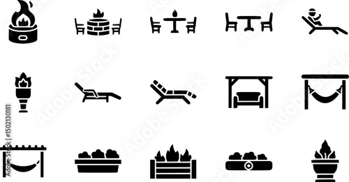 Garden and patio solid icons set – filled style outdoor, relaxation, and furniture symbols for home design: fire pit, table, lounge chairs, pergola, hammock, planter.