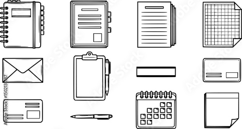 Office supplies icon set – outline style for business and organization tools: notebook, document, grid paper, clipboard, envelope, card, calendar, sticky note