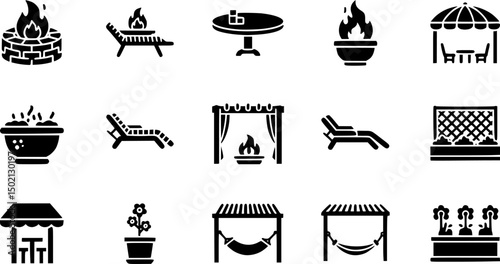 Garden and patio solid icons set – filled style outdoor, relaxation, and furniture symbols for home design: fire pit, table, lounge chairs, pergola, hammock, planter.