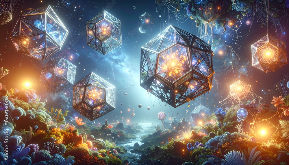 Fototapeta premium Floating geometric objects with glowing interiors against a dreamy celestial background.