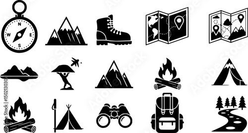 Outdoor adventure solid icons set – flat style for travel, exploration, and camping activities: compass, hiking boots, mountain, map, campfire, binoculars, backpack, trail 