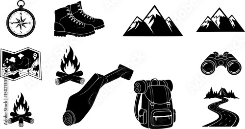 Outdoor adventure solid icons set – flat style for travel, exploration, and camping activities: compass, hiking boots, mountain, map, campfire, binoculars, backpack, trail 