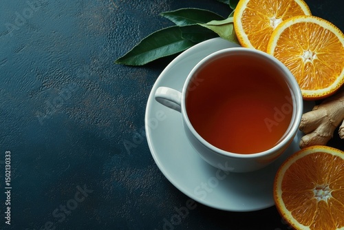 A cup of tea with orange slices and ginger.