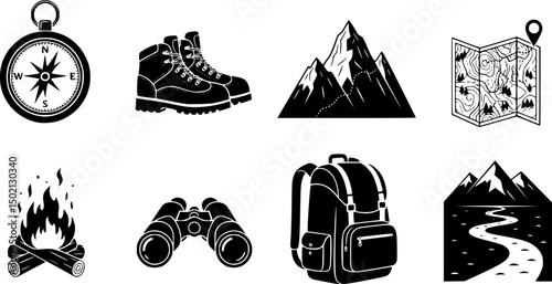 Outdoor adventure solid icons set – flat style for travel, exploration, and camping activities: compass, hiking boots, mountain, map, campfire, binoculars, backpack, trail 
