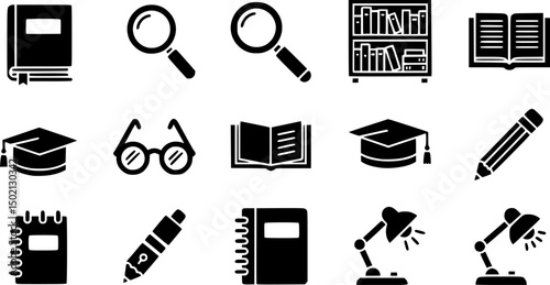 School and study solid icon set – filled style for education, learning, and classroom resources: book, magnifying glass, bookshelf, glasses, pencil, notebook, desk lamp