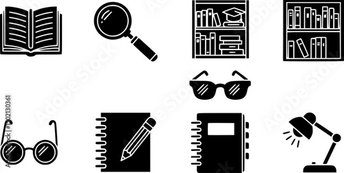School and study solid icon set – filled style for education, learning, and classroom resources: book, magnifying glass, bookshelf, glasses, pencil, notebook, desk lamp