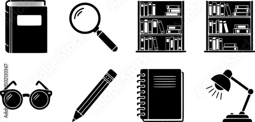 School and study solid icon set – filled style for education, learning, and classroom resources: book, magnifying glass, bookshelf, glasses, pencil, notebook, desk lamp