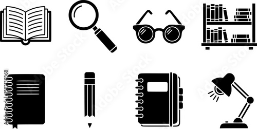 School and study solid icon set – filled style for education, learning, and classroom resources: book, magnifying glass, bookshelf, glasses, pencil, notebook, desk lamp